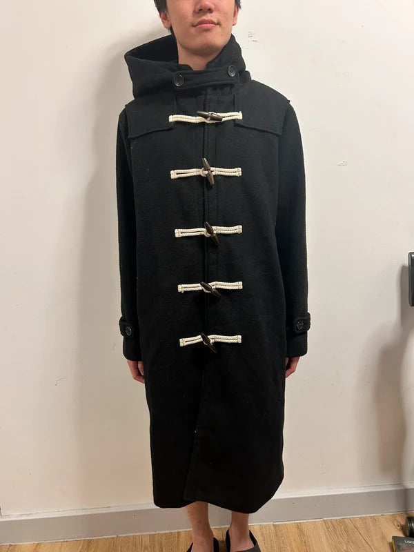 Korean Design Black Hooded Toggle Duffle Coat