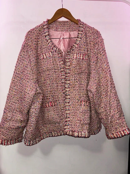 Korean  Pink Sequin Tweed Jacket Plus Size UK 22+
