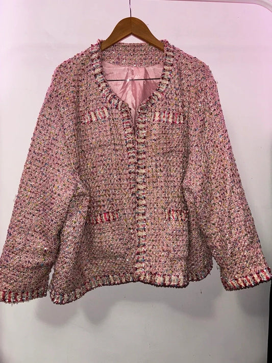 Korean  Pink Sequin Tweed Jacket Plus Size UK 22+