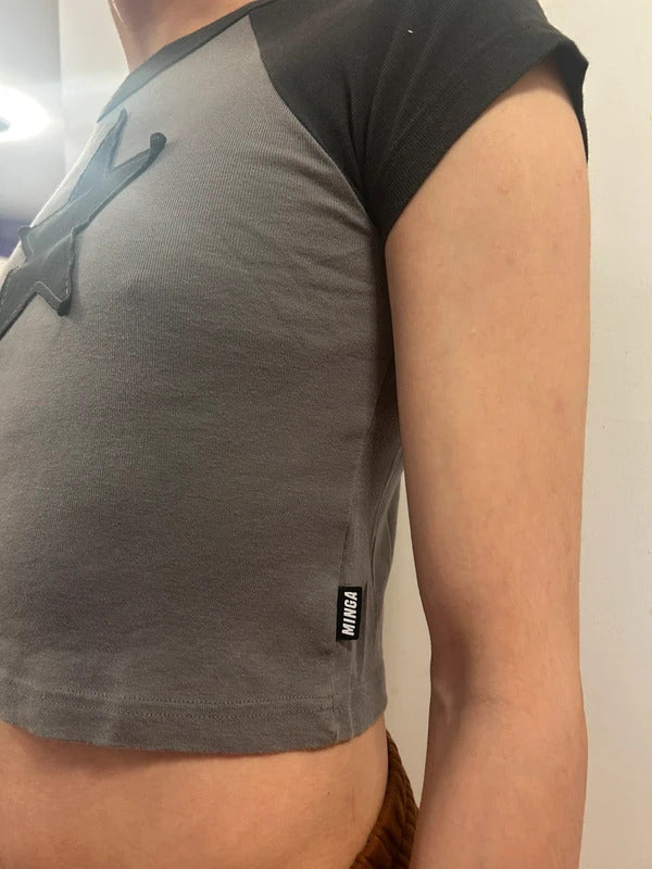 Minga London Star Patch Cropped Baby Tee | Grey Black Y2K XS