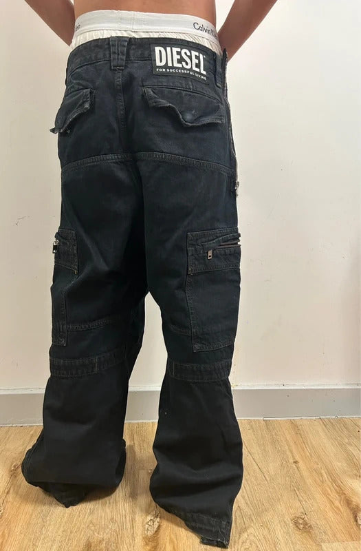 Vintage diesel d-lukis black runway straight jeans w32 l32 zip hem utility denim