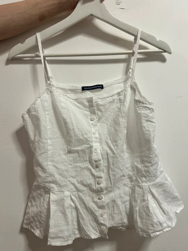 Brandy Melville White Cotton Button Front Peplum Cami Top