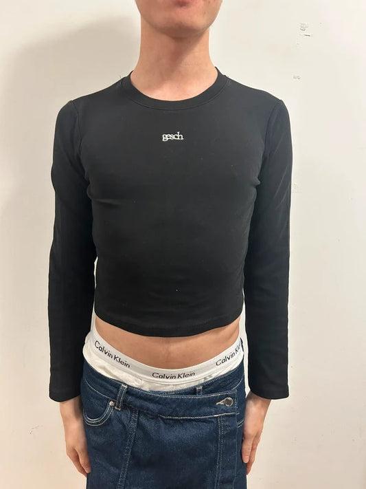 Geschwister Black Embroidered Cropped Long Sleeve Baby Tee