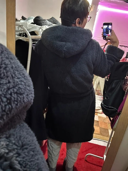 NEXT Slate Grey Borg Hooded Oversized Teddy Fleece Robe Coat