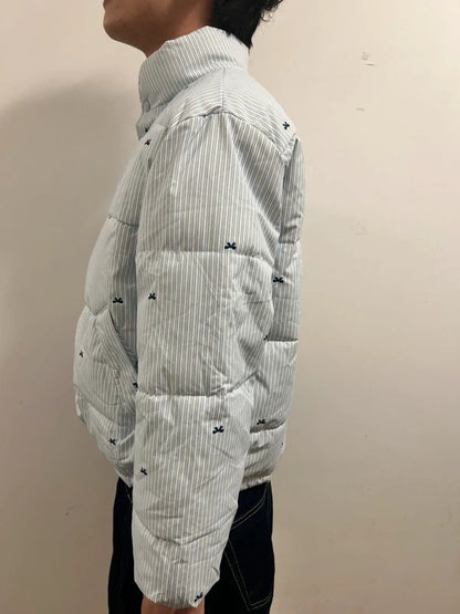 Blue Striped Cropped Puffer Jacket Small Embroidered Bow Detail