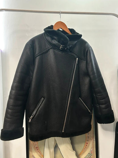 Zara Black Faux-Shearling Aviator Biker Jacket XXL