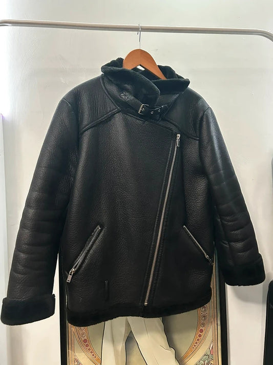Zara Black Faux-Shearling Aviator Biker Jacket XXL
