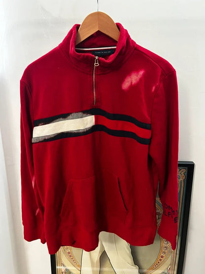 Vintage Style Tommy Hilfiger Red 90s Quarter Zip Sweatshirt XL