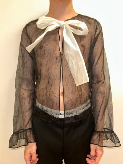 black mesh bow blouse uk 14 sheer black blouse with white bow