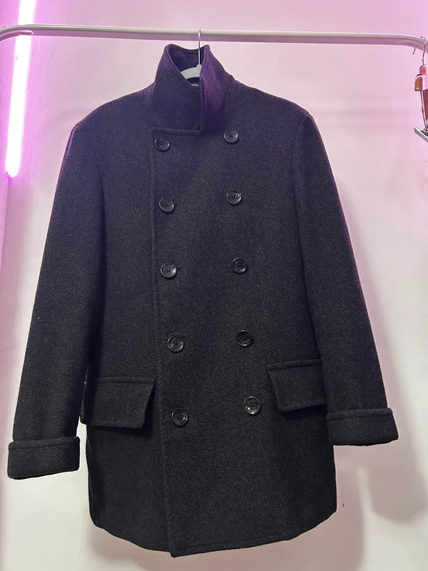 Romon Royal Black Double Breasted Wool Style Coat