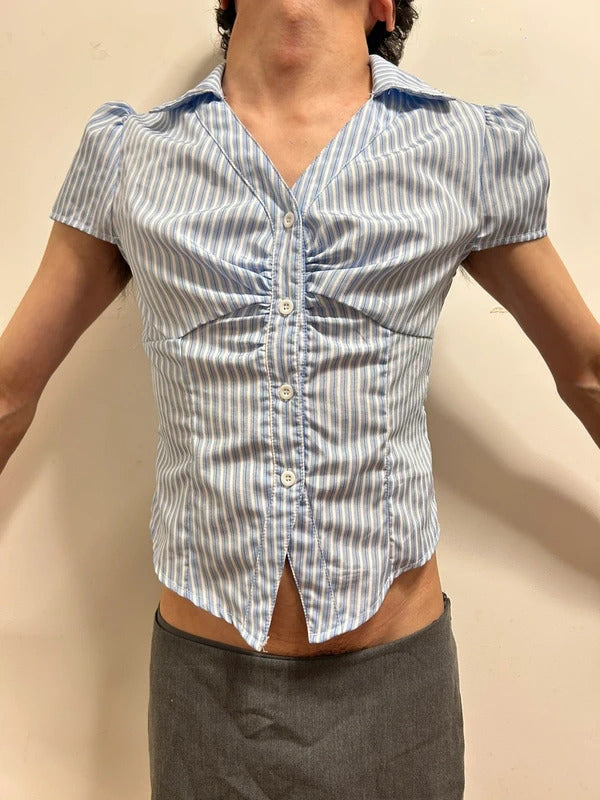 SHEIN Blue & White Striped Cropped Ruched Puff Sleeve Shirt Size S / UK 8