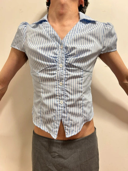 SHEIN Blue & White Striped Cropped Ruched Puff Sleeve Shirt Size S / UK 8