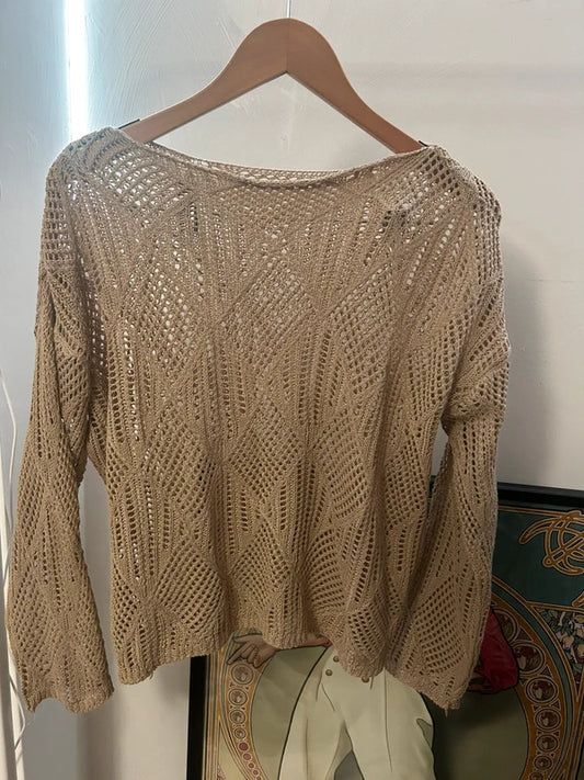 Vintage Beige Crochet Open Knit Jumper UK 16 18 Sheer Boho Beach Crop Knit Top
