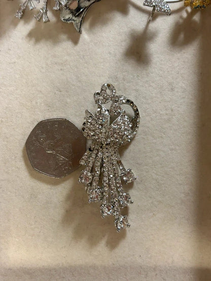 silver crystal angel brooch with dangling rhinestones