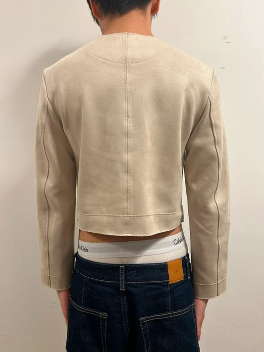 H&M Beige Faux Suede Cropped Jacket XS Gold Button Minimal Jacket