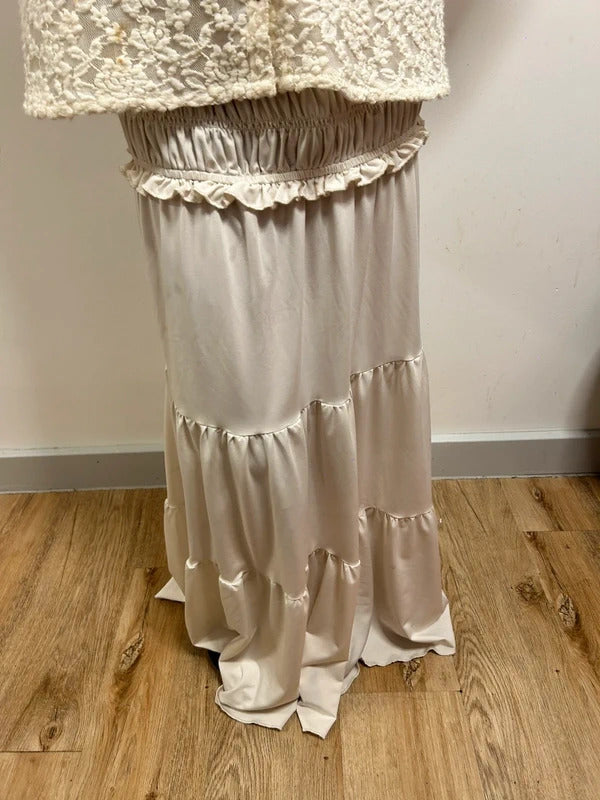 Cream Tiered Maxi Skirt with Shirred Waist & Ruffle Detail