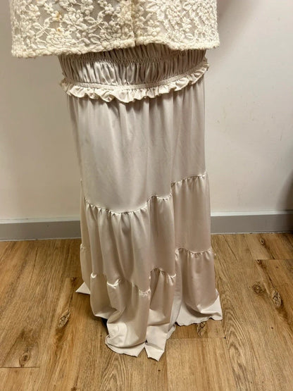 Cream Tiered Maxi Skirt with Shirred Waist & Ruffle Detail
