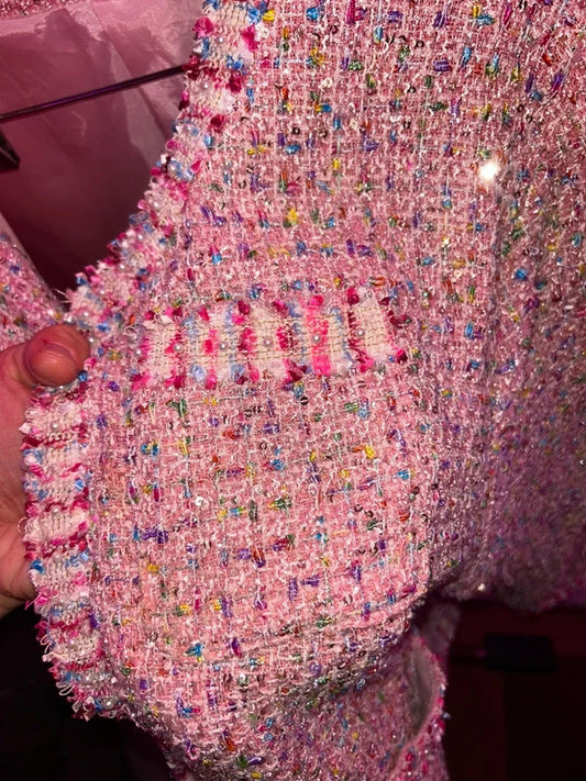 Korean  Pink Sequin Tweed Jacket Plus Size UK 22+
