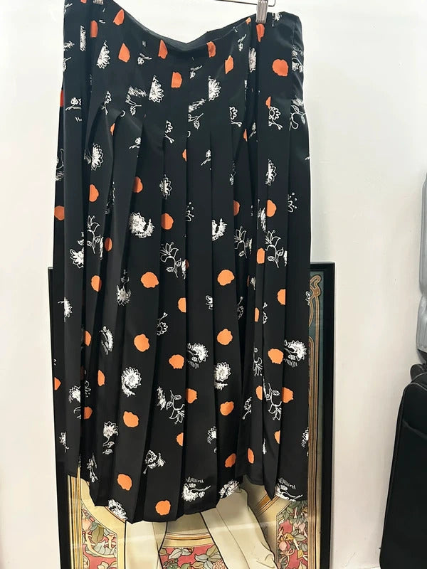 Country Casuals 1980s-Style Black Pleated Midi Skirt Orange Floral Print UK 16