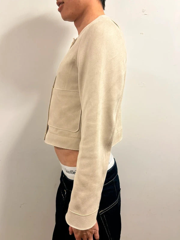H&M Beige Faux Suede Cropped Jacket XS Gold Button Minimal Jacket
