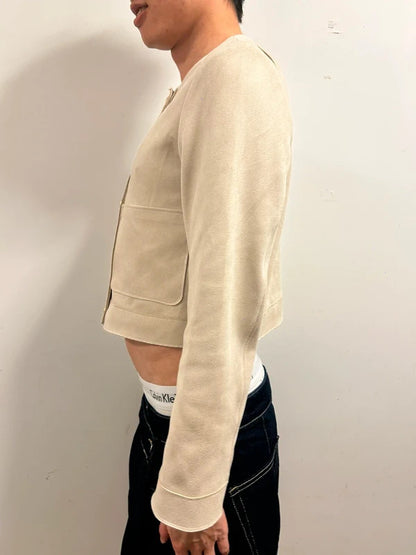 H&M Beige Faux Suede Cropped Jacket XS Gold Button Minimal Jacket