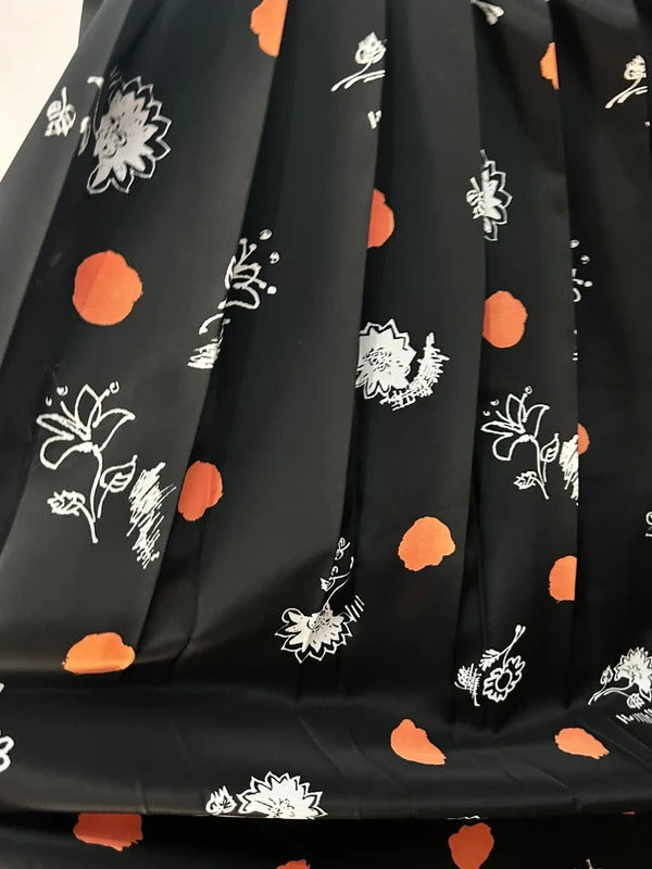 Country Casuals 1980s-Style Black Pleated Midi Skirt Orange Floral Print UK 16