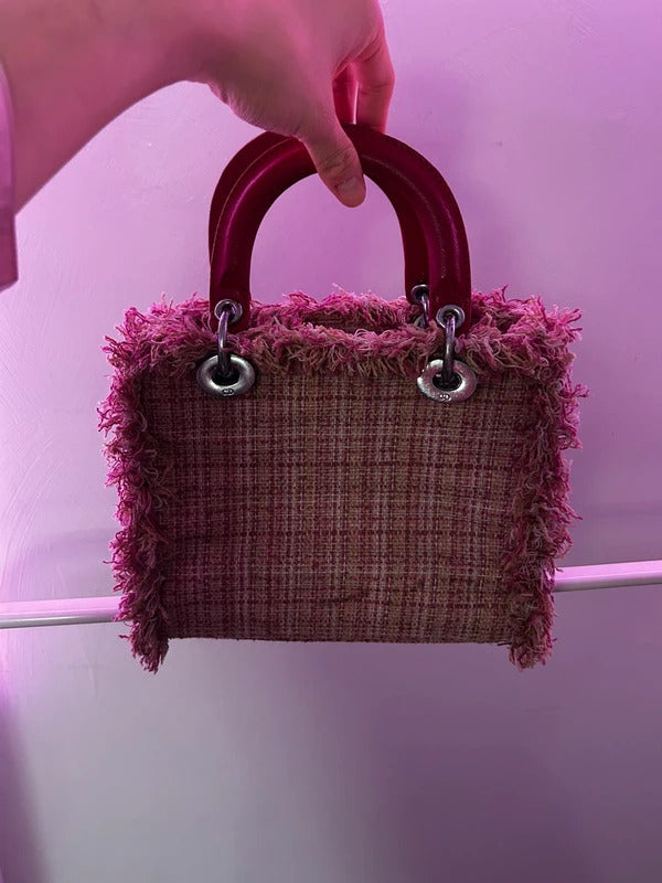 Unbranded Pink Burgundy Tweed Mini Top Handle Bag Frayed Edge Handbag