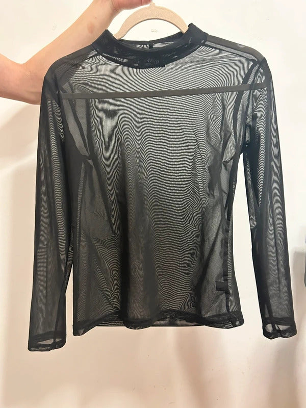 anvi black sheer mesh long sleeve top l y2k clubwear