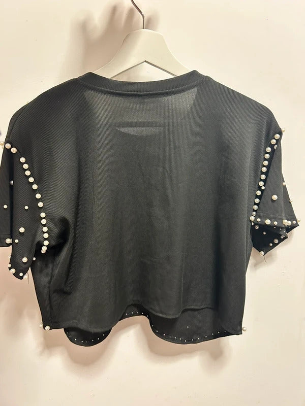 Black Pearl Embellished Cropped Top UK 16 / Oversized Editorial Fit