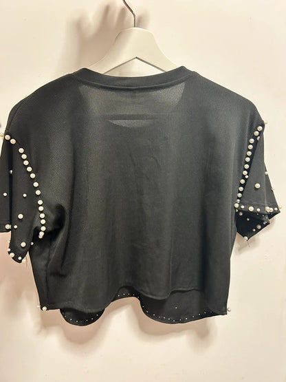 Black Pearl Embellished Cropped Top UK 16 / Oversized Editorial Fit
