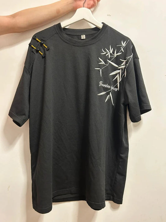 Black Oversized Bamboo Embroidered T-Shirt | Oriental Streetwear XXL