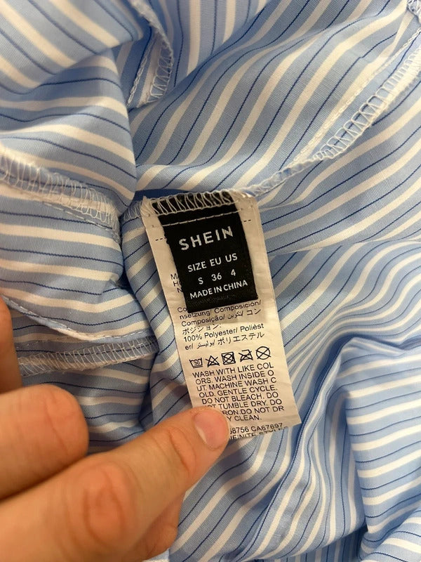 SHEIN Blue & White Striped Cropped Ruched Puff Sleeve Shirt Size S / UK 8