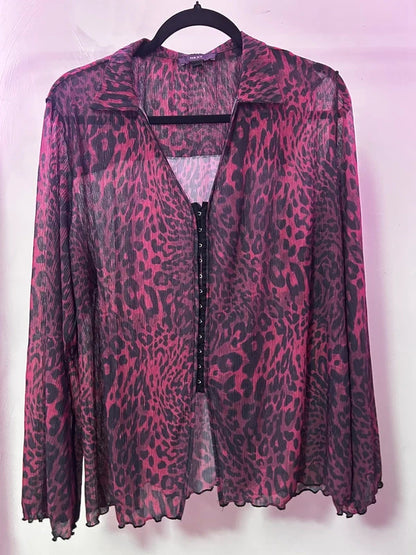 NEXT Sheer Burgundy Leopard Print Plissé Blouse Y2K Hook and Eye Top Size L