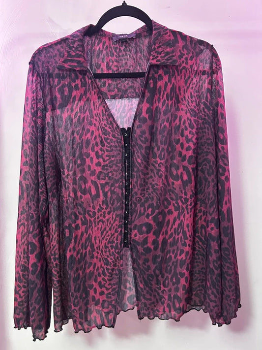 NEXT Sheer Burgundy Leopard Print Plissé Blouse Y2K Hook and Eye Top Size L