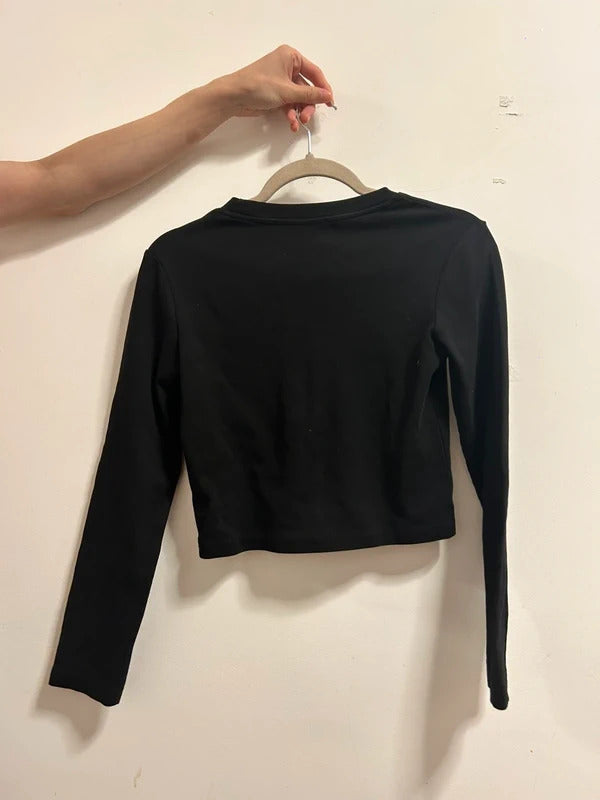Geschwister Black Embroidered Cropped Long Sleeve Baby Tee