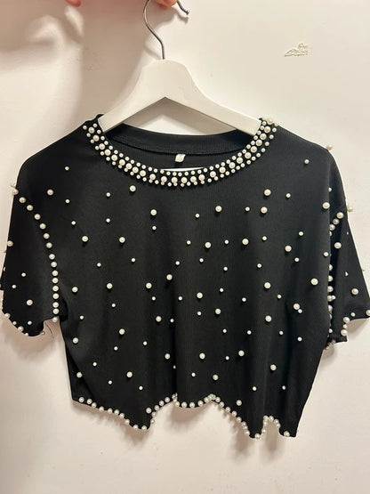 Black Pearl Embellished Cropped Top UK 16 / Oversized Editorial Fit